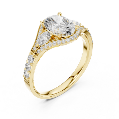 1.25 Ct Oval-Pear Cut Pave Set Three-Stone Halo Solitaire Lab Grown Diamond Ring