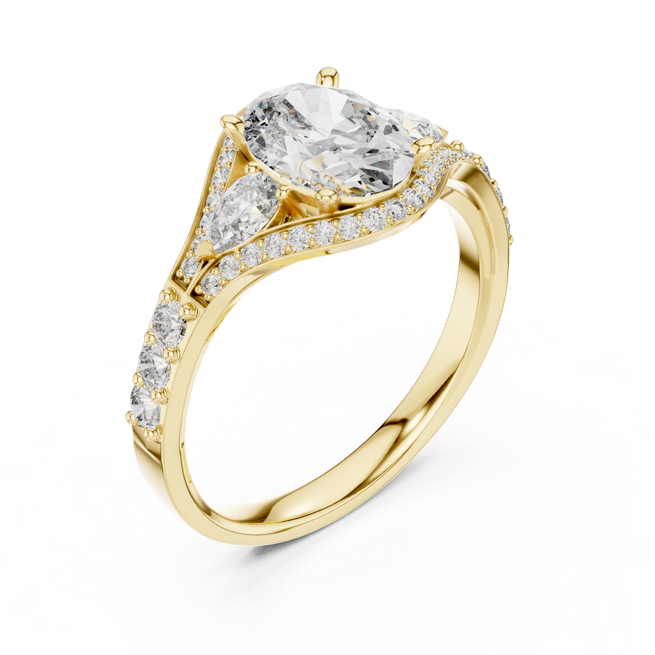 1.25 Ct Oval-Pear Cut Pave Set Three-Stone Halo Solitaire Lab Grown Diamond Ring