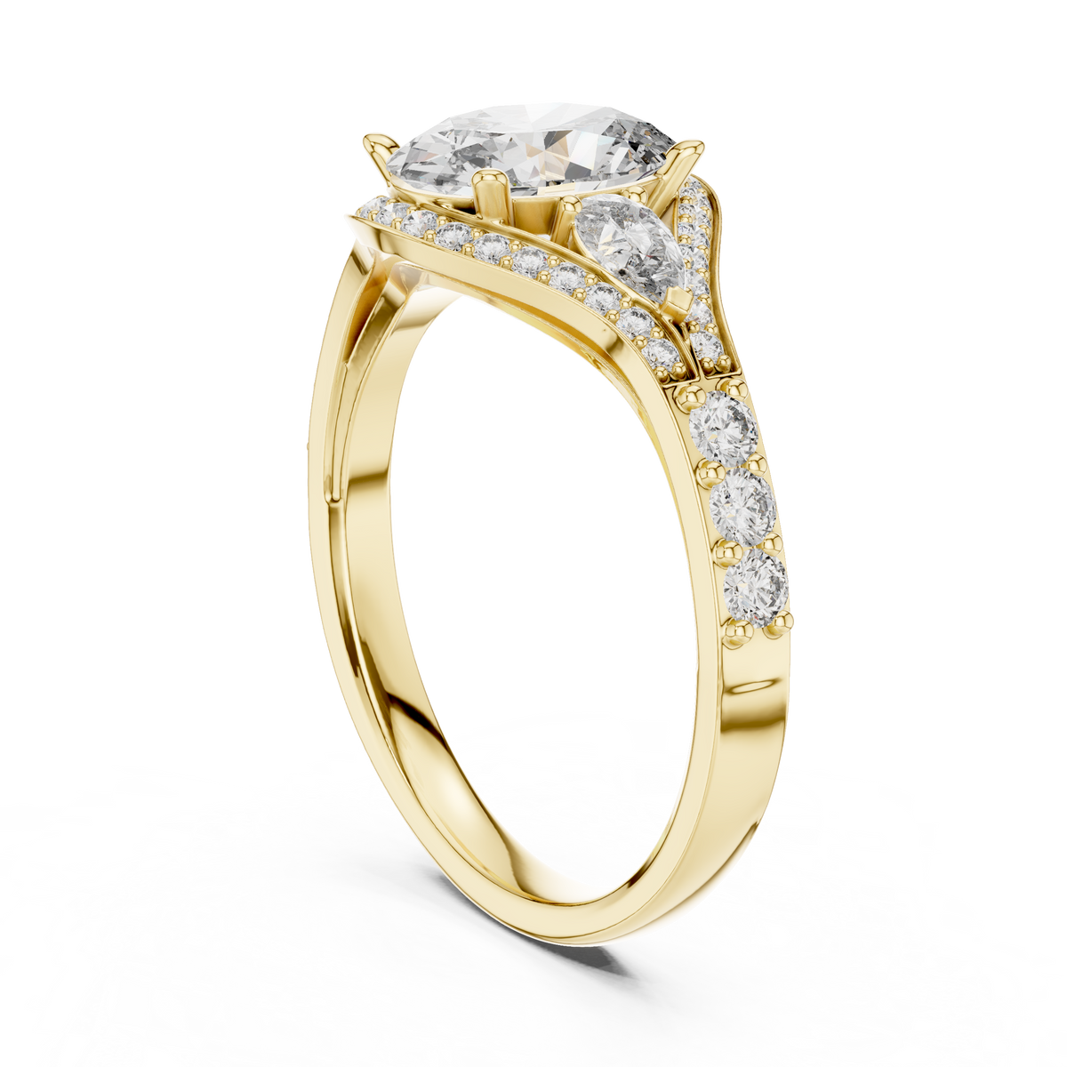 1.25 Ct Oval-Pear Cut Pave Set Three-Stone Halo Solitaire Lab Grown Diamond Ring