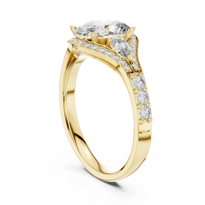 1.25 Ct Oval-Pear Cut Pave Set Three-Stone Halo Solitaire Lab Grown Diamond Ring