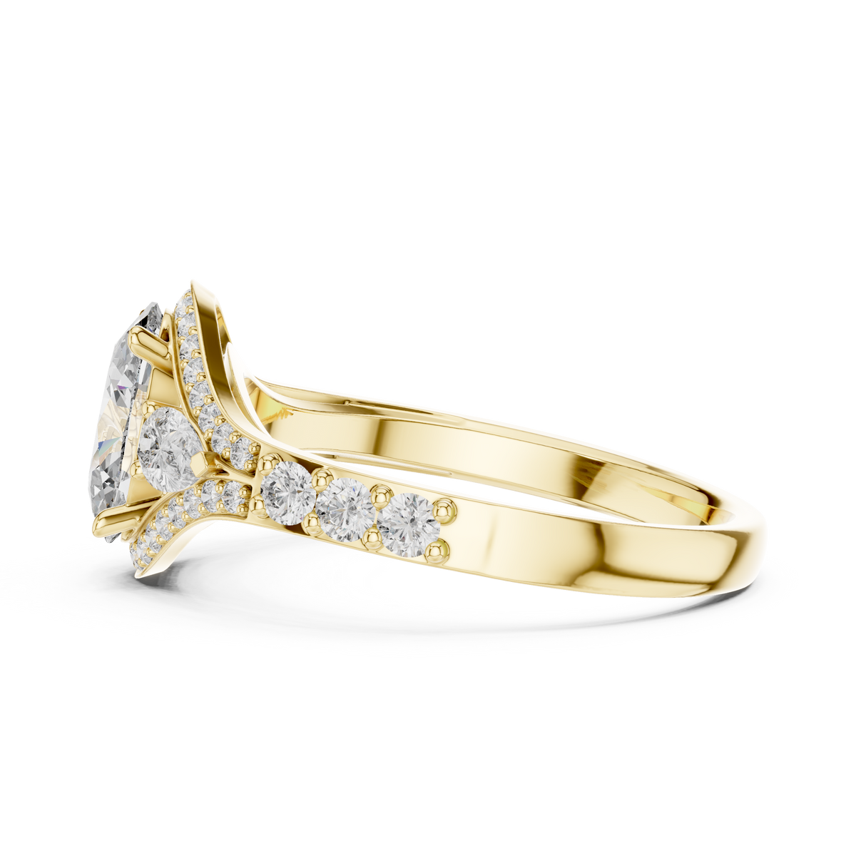 1.25 Ct Oval-Pear Cut Pave Set Three-Stone Halo Solitaire Lab Grown Diamond Ring