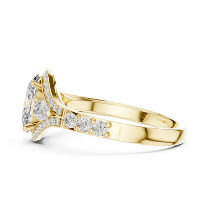 1.25 Ct Oval-Pear Cut Pave Set Three-Stone Halo Solitaire Lab Grown Diamond Ring