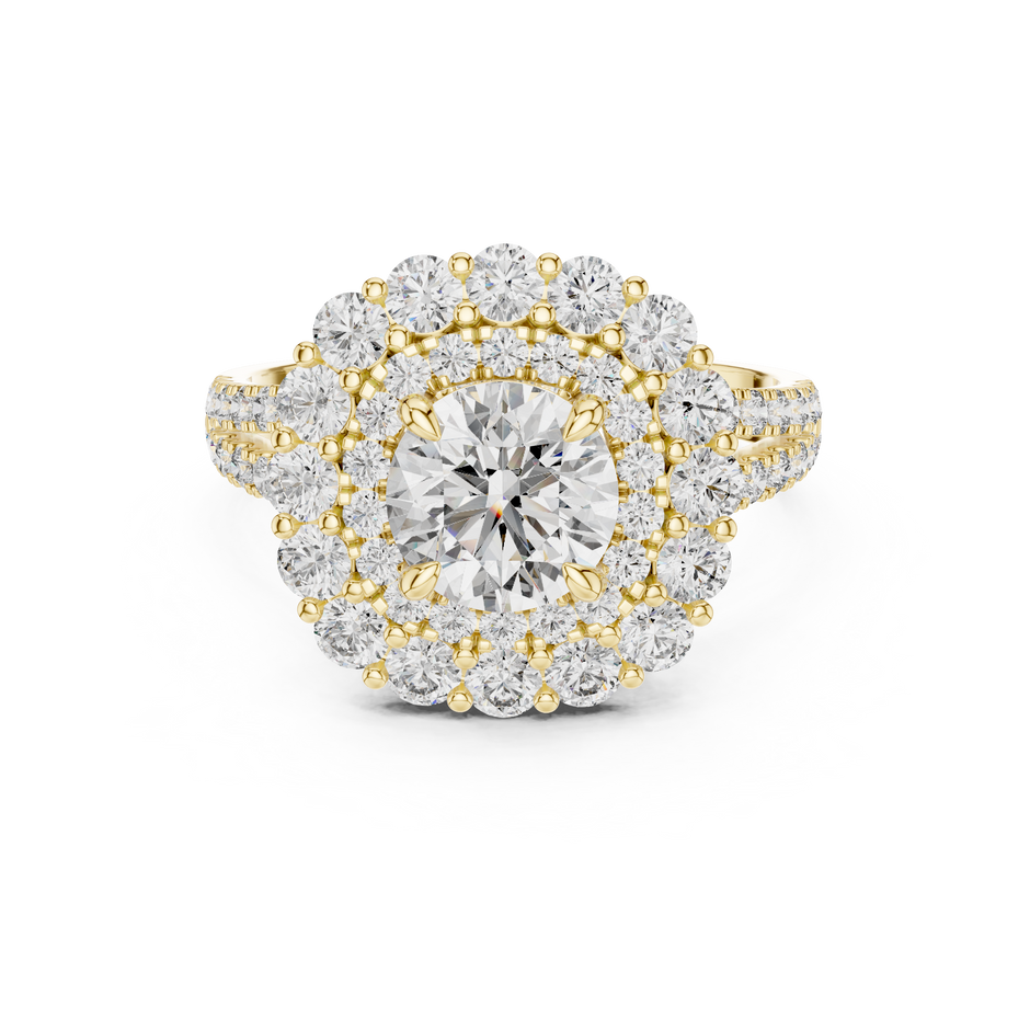 1ct Round Cut Lab-Grown Diamond Double Halo Engagement Ring with Split-Shank Pavé Band
