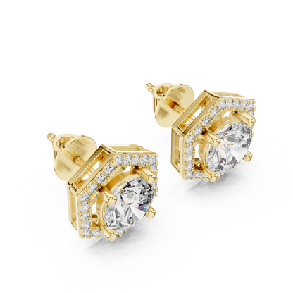Hexagonal Halo 1.25ct Each Round Cut Lab Grown Diamond Cluster Stud Earrings