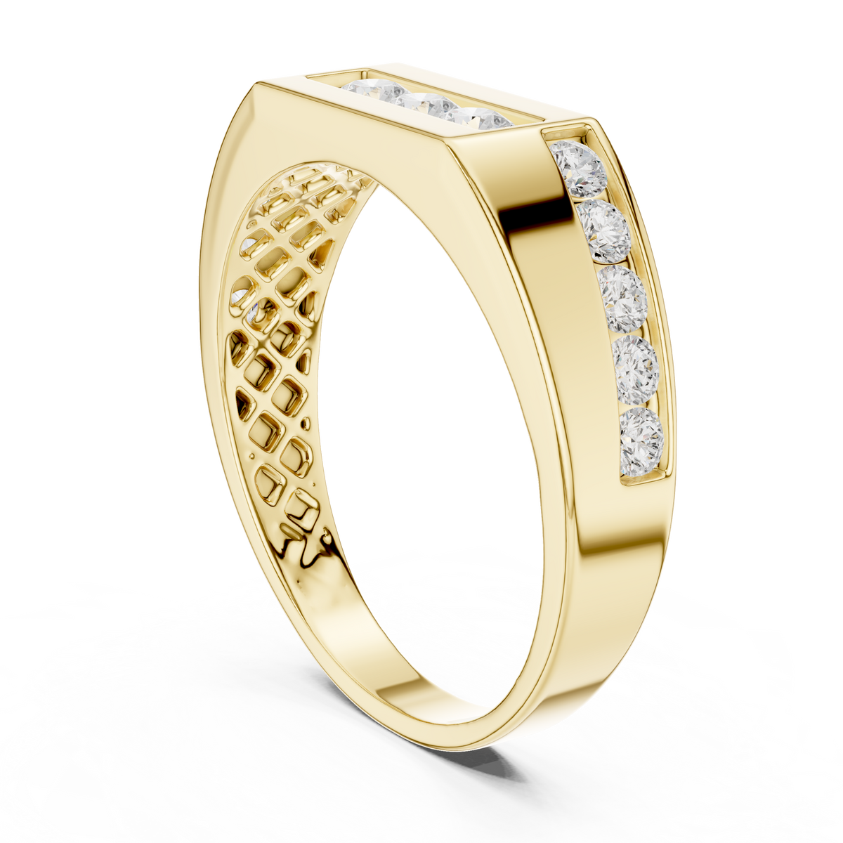 Channel Set Round Lab Grown Diamond Ring Flat Top Signet Band