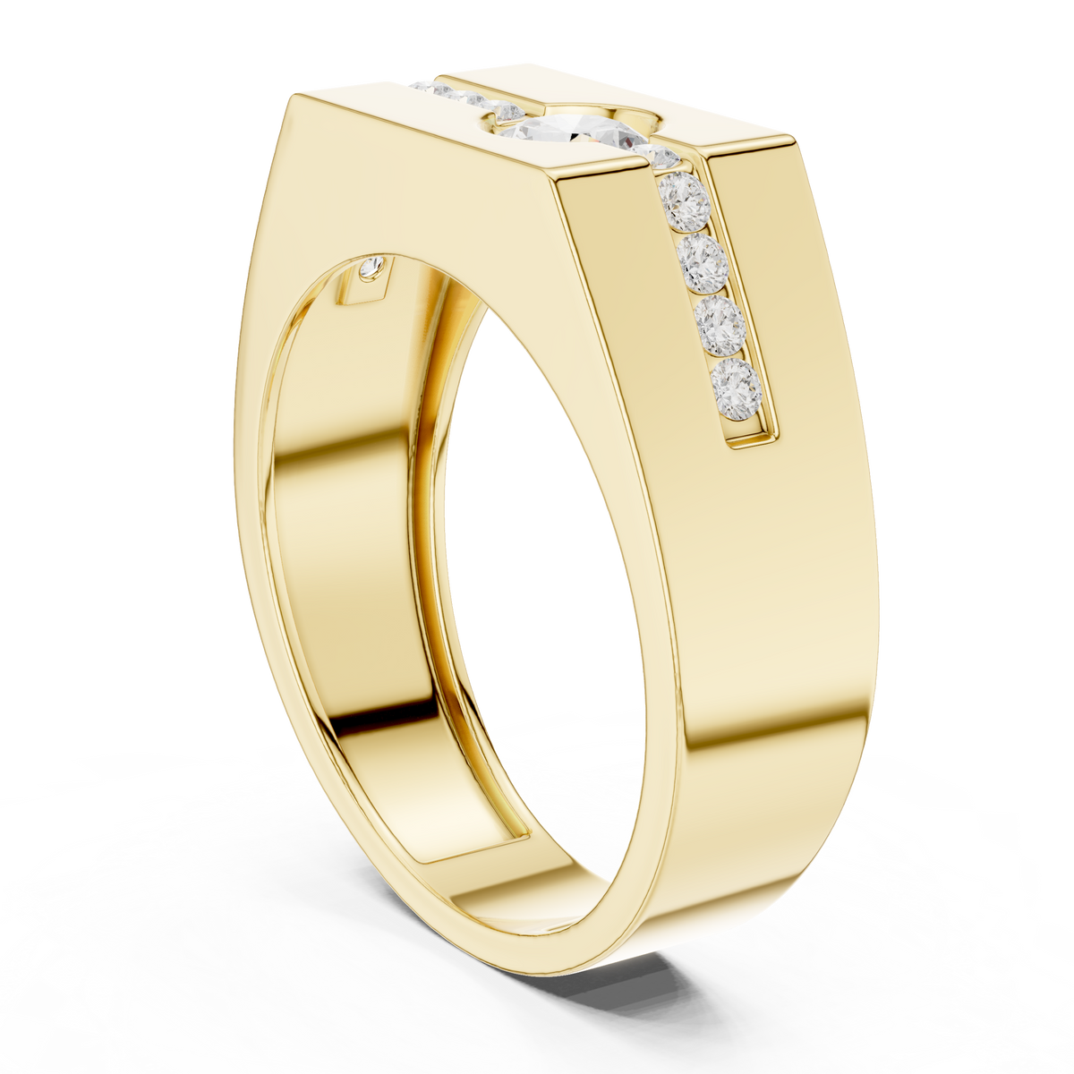 Round Lab Grown Diamond Solitaire Ring Channel Set Diagonal Signet Band