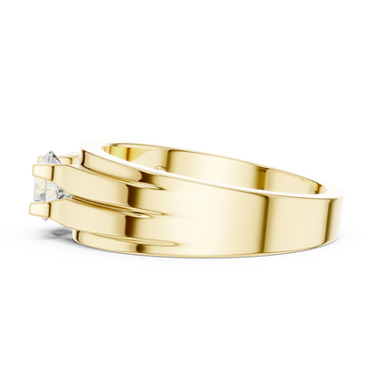 Four Corner Prong Round Shape Lab Grown Diamond Ring Grooved Band