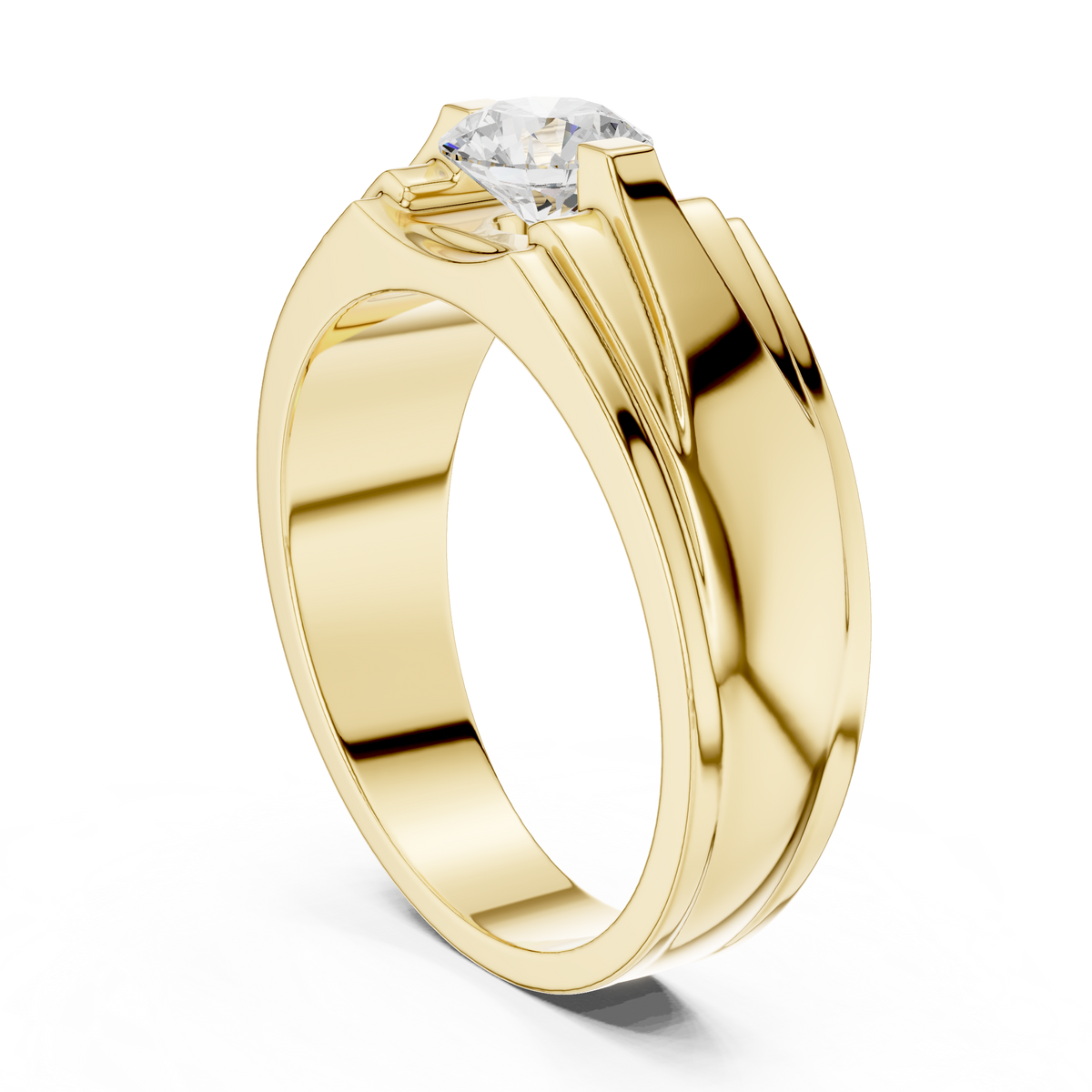 Four Prong Round Lab Grown Diamond Solitaire Ring Angular Grooved Design