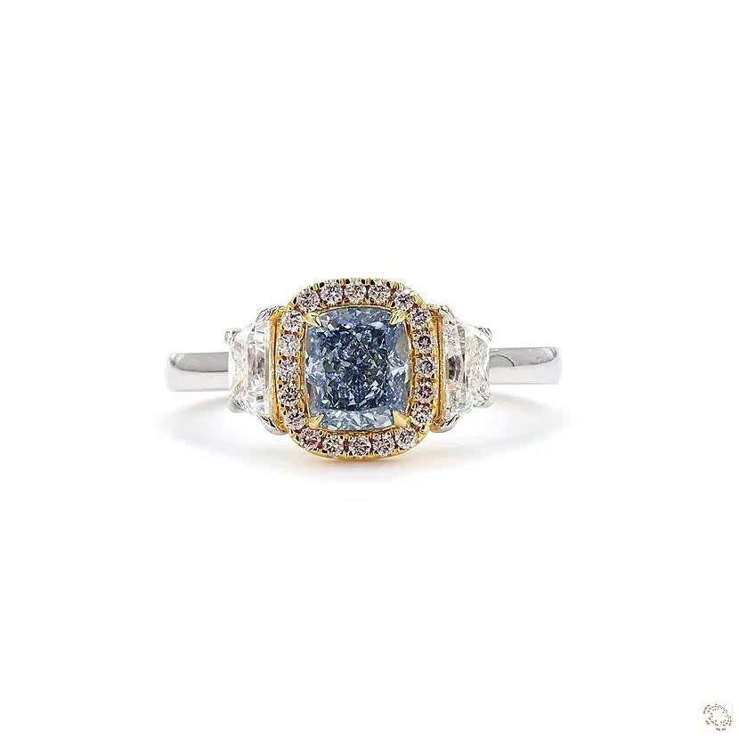 Blue Cushion Cut Lab Grown Diamond Three Stone Halo Ring
