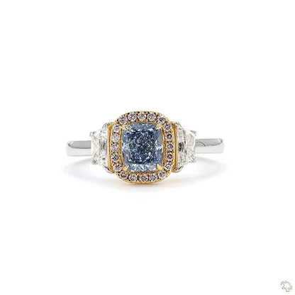 Blue Cushion Cut Lab Grown Diamond Three Stone Halo Ring