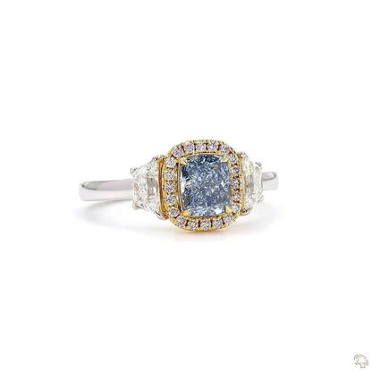 Blue Cushion Cut Lab Grown Diamond Three Stone Halo Ring