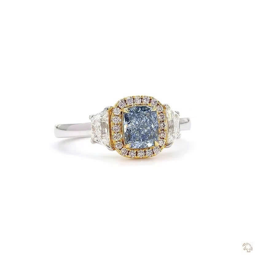 Blue Cushion Cut Lab Grown Diamond Three Stone Halo Ring