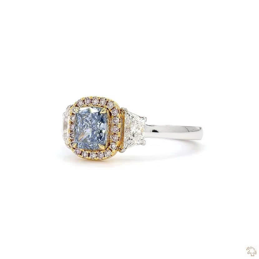Blue Cushion Cut Lab Grown Diamond Three Stone Halo Ring