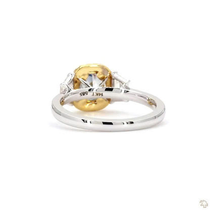 Blue Cushion Cut Lab Grown Diamond Three Stone Halo Ring