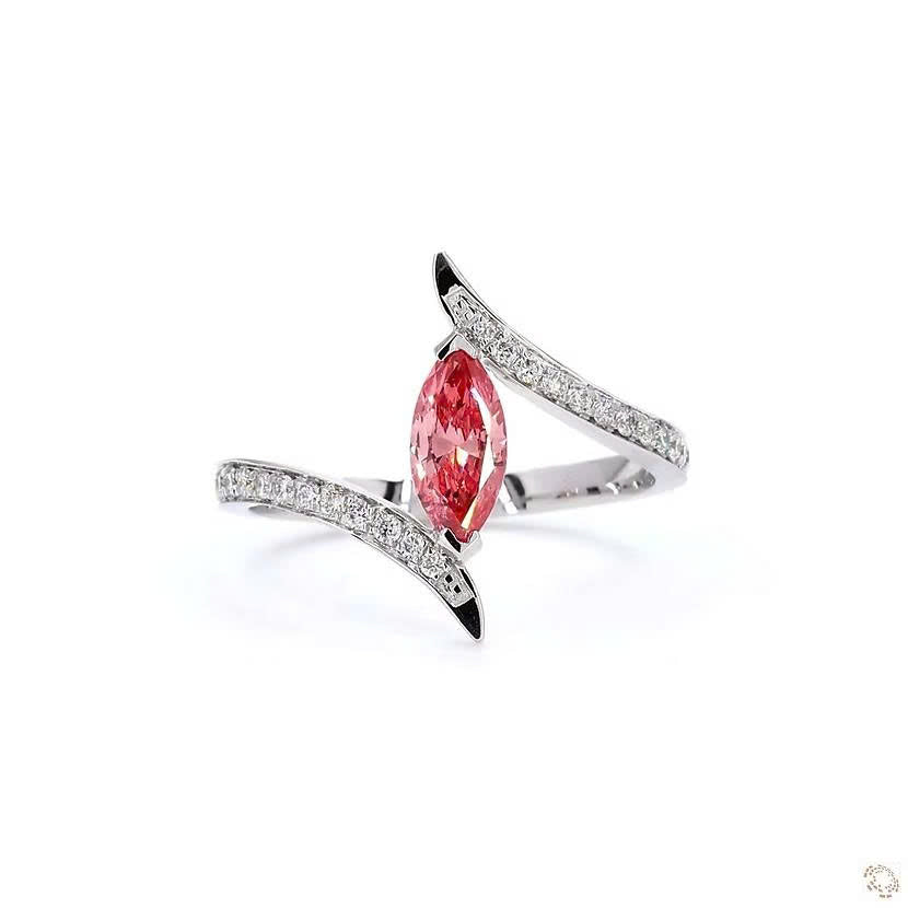 Marquise Shape Pink Lab Grown Diamond Solitaire Ring Pave Bypass Style