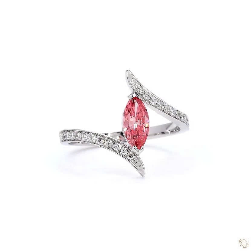 Marquise Shape Pink Lab Grown Diamond Solitaire Ring Pave Bypass Style