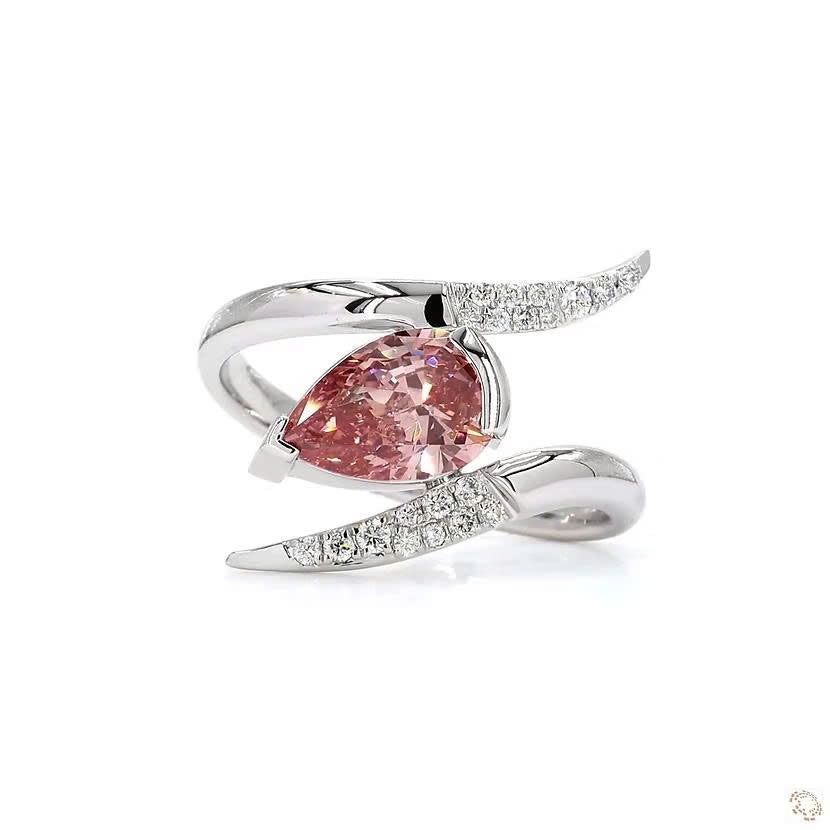 Pear Shape Pink Lab Grown Diamond Solitaire Ring Wave Bypass Band