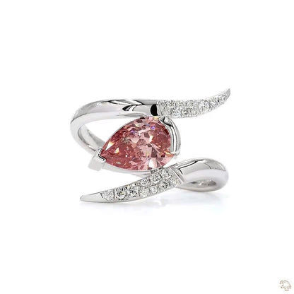 Pear Shape Pink Lab Grown Diamond Solitaire Ring Wave Bypass Band