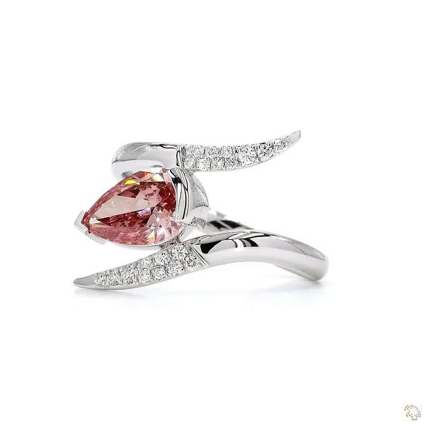 Pear Shape Pink Lab Grown Diamond Solitaire Ring Wave Bypass Band