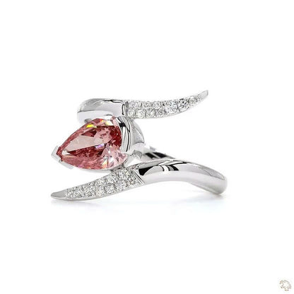Pear Shape Pink Lab Grown Diamond Solitaire Ring Wave Bypass Band
