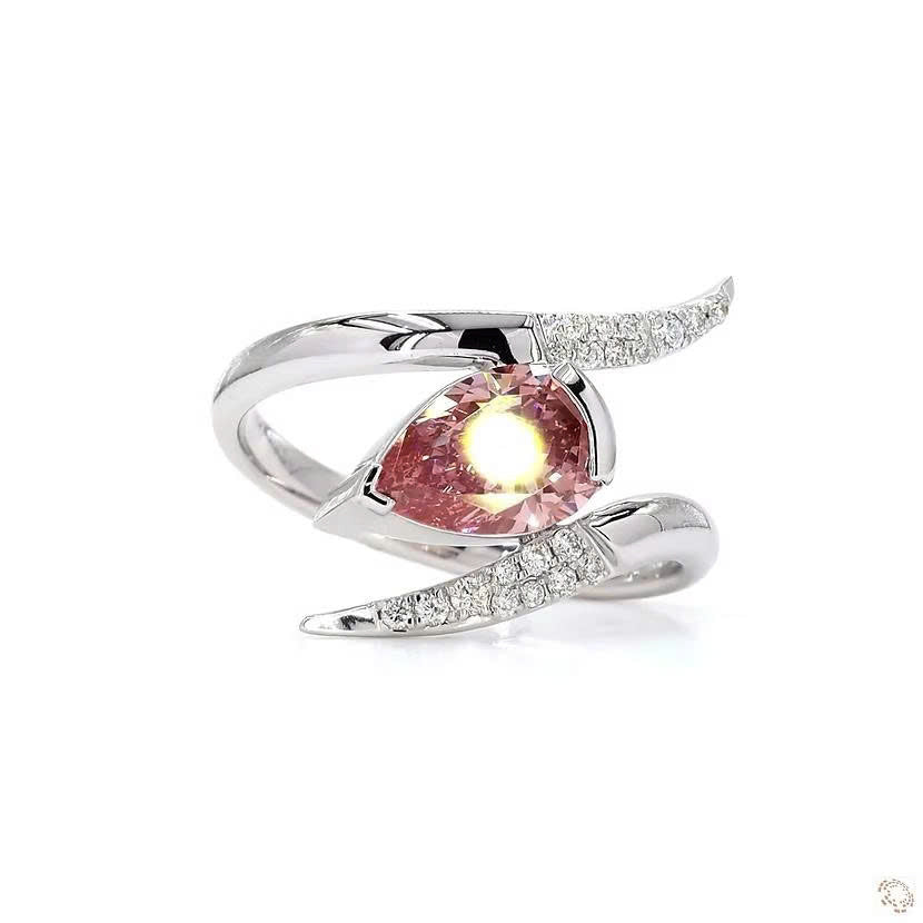 Pear Shape Pink Lab Grown Diamond Solitaire Ring Wave Bypass Band