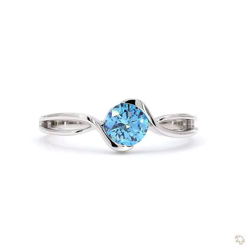 Round Shape Blue Lab Grown Diamond Ring Semi Bezel Bypass Twist Band