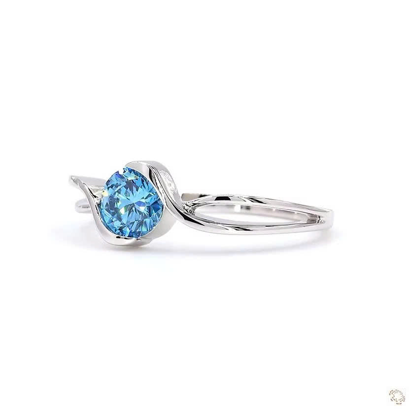 Round Shape Blue Lab Grown Diamond Ring Semi Bezel Bypass Twist Band