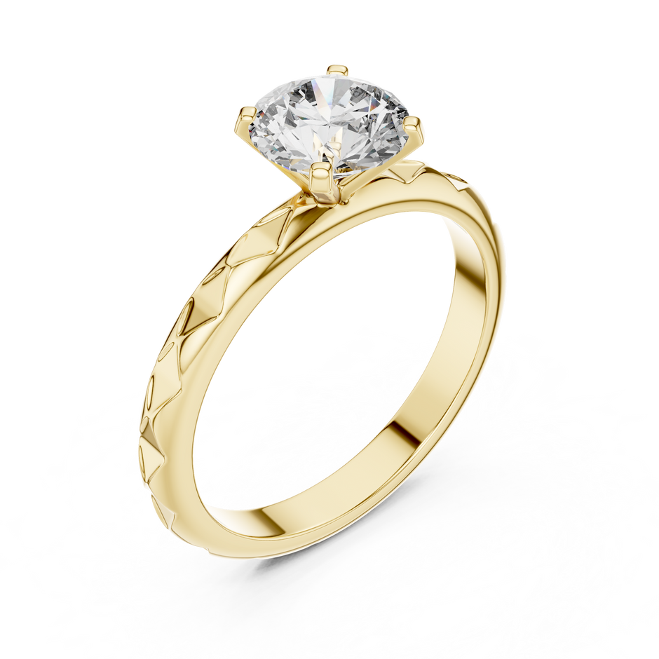 Geometric Carved Band Round Cut Lab Grown Diamond Solitaire Engagement Ring