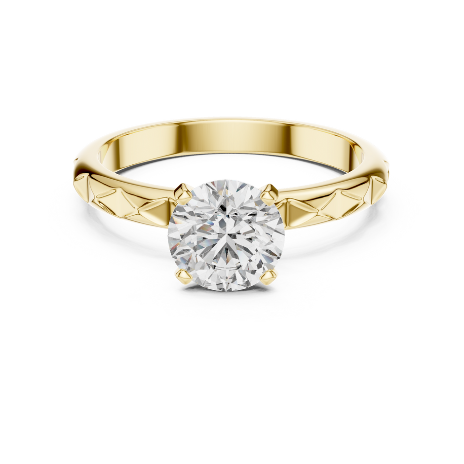 Geometric Carved Band Round Cut Lab Grown Diamond Solitaire Engagement Ring