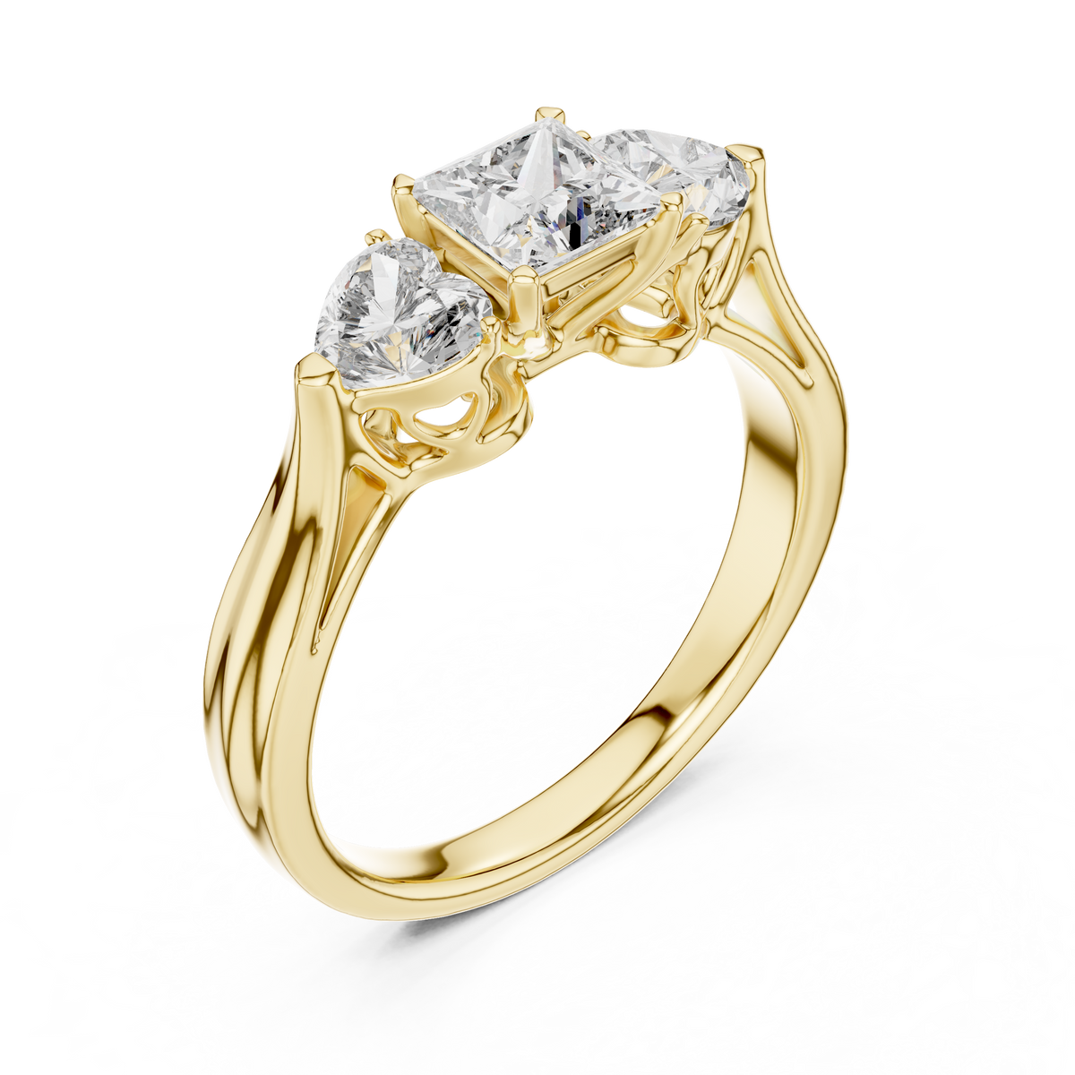 Princess Cut Center with Heart Side Stones Lab Grown Diamond Three-Stone Engagement Ring