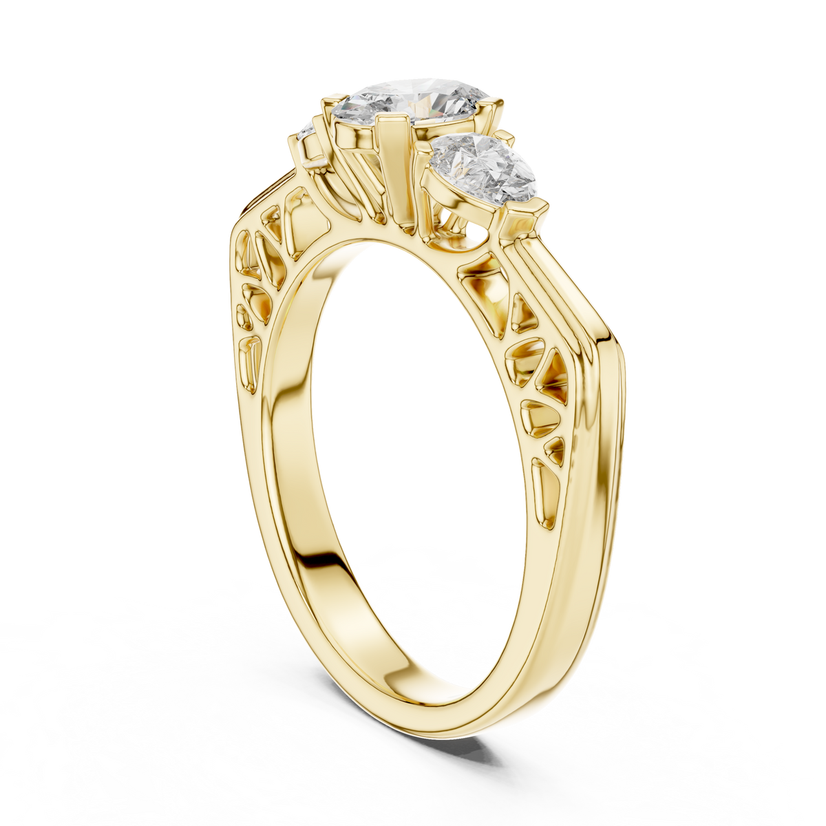 Three-Stone Oval and Pear Cut Lab Grown Diamond Engagement Ring with Openwork Filigree Band