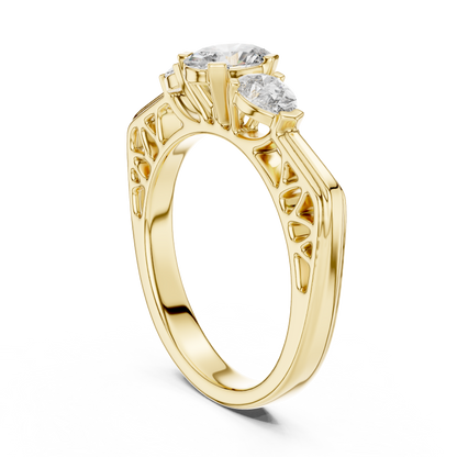 Three-Stone Oval and Pear Cut Lab Grown Diamond Engagement Ring with Openwork Filigree Band