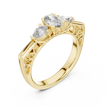 Three-Stone Oval and Pear Cut Lab Grown Diamond Engagement Ring with Openwork Filigree Band