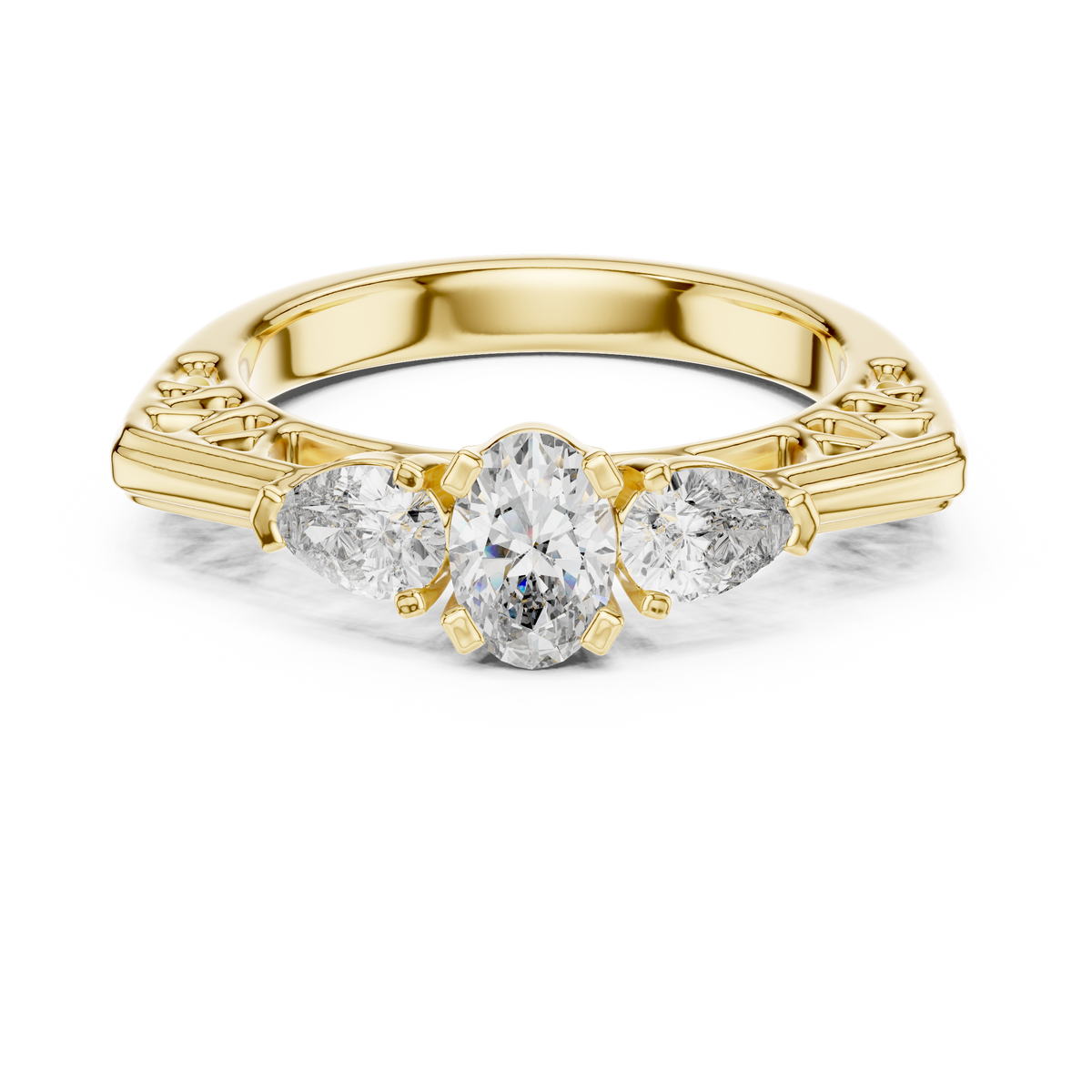 Three-Stone Oval and Pear Cut Lab Grown Diamond Engagement Ring with Openwork Filigree Band