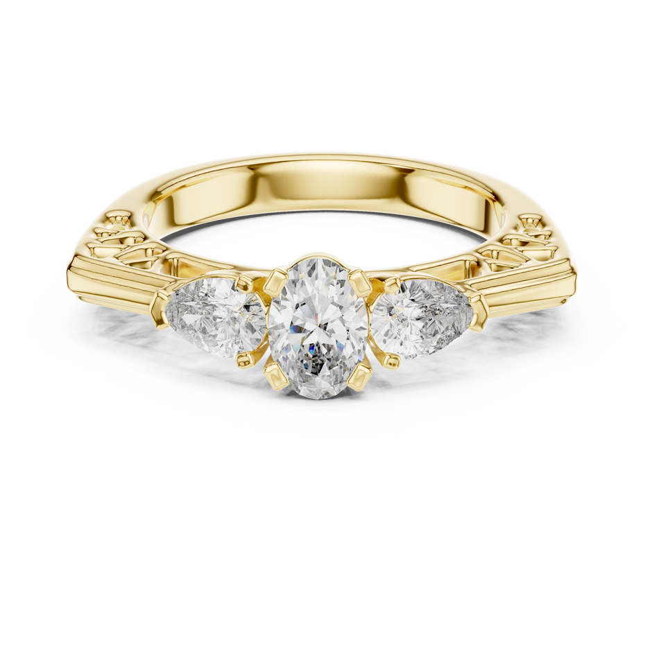 Three-Stone Oval and Pear Cut Lab Grown Diamond Engagement Ring with Openwork Filigree Band