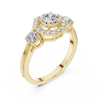Geometric Halo Three-Stone Octagon Cut Lab Grown Diamond Engagement Ring