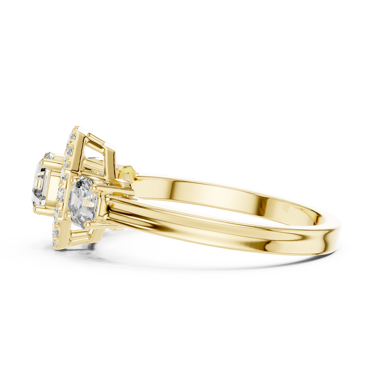 Geometric Halo Three-Stone Octagon Cut Lab Grown Diamond Engagement Ring