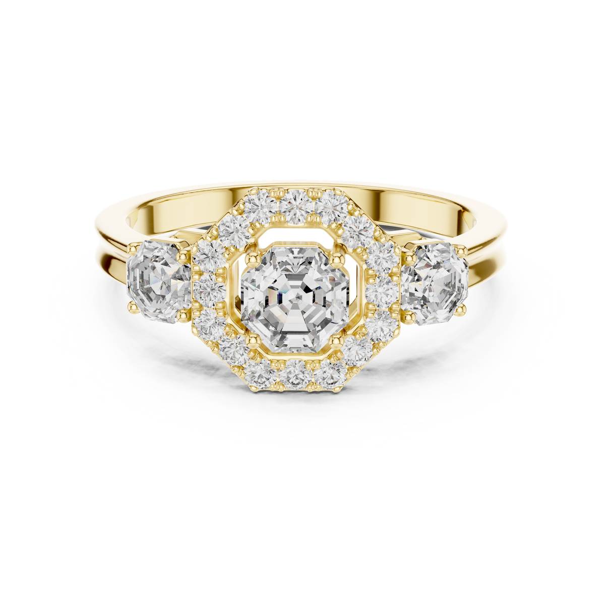 Geometric Halo Three-Stone Octagon Cut Lab Grown Diamond Engagement Ring