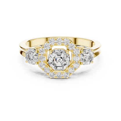 Geometric Halo Three-Stone Octagon Cut Lab Grown Diamond Engagement Ring