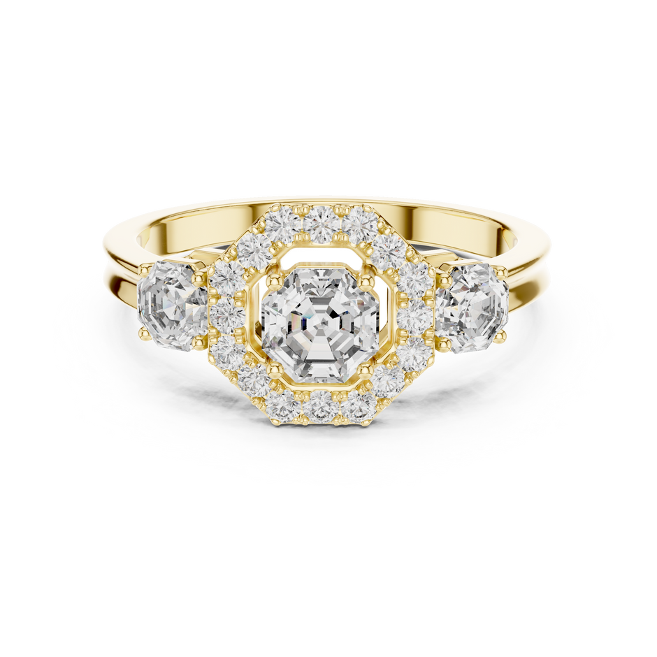 Geometric Halo Three-Stone Octagon Cut Lab Grown Diamond Engagement Ring