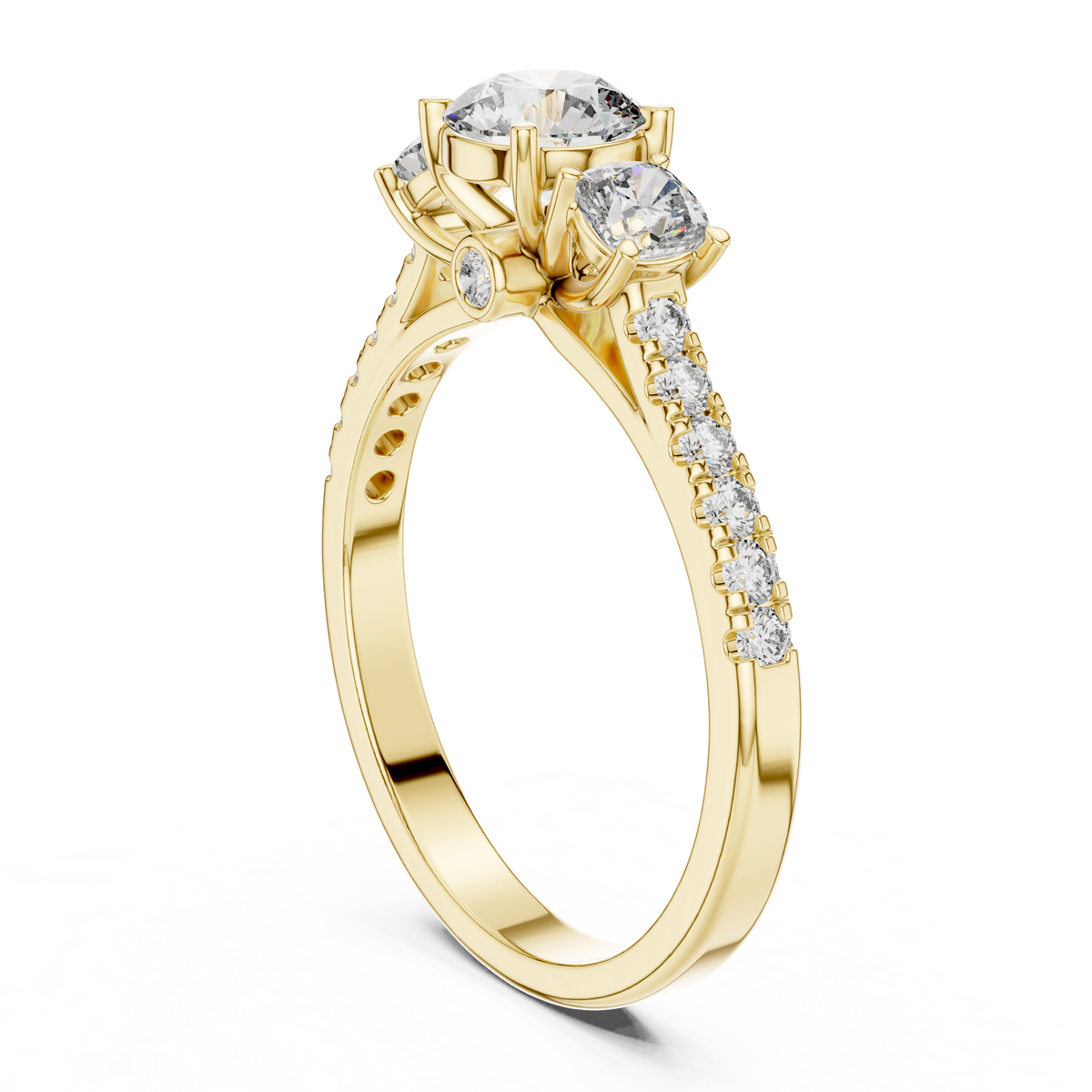 Three-Stone Round Cut Lab Grown Diamond Engagement Ring with Pavé Band