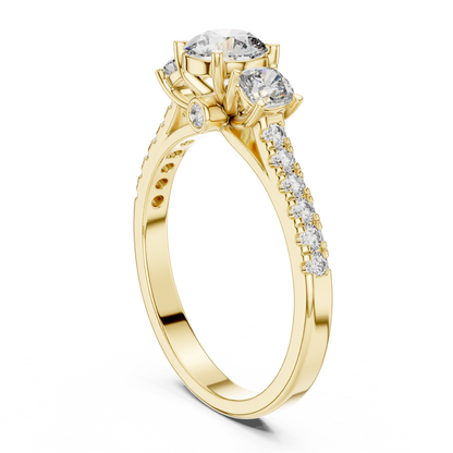 Three-Stone Round Cut Lab Grown Diamond Engagement Ring with Pavé Band