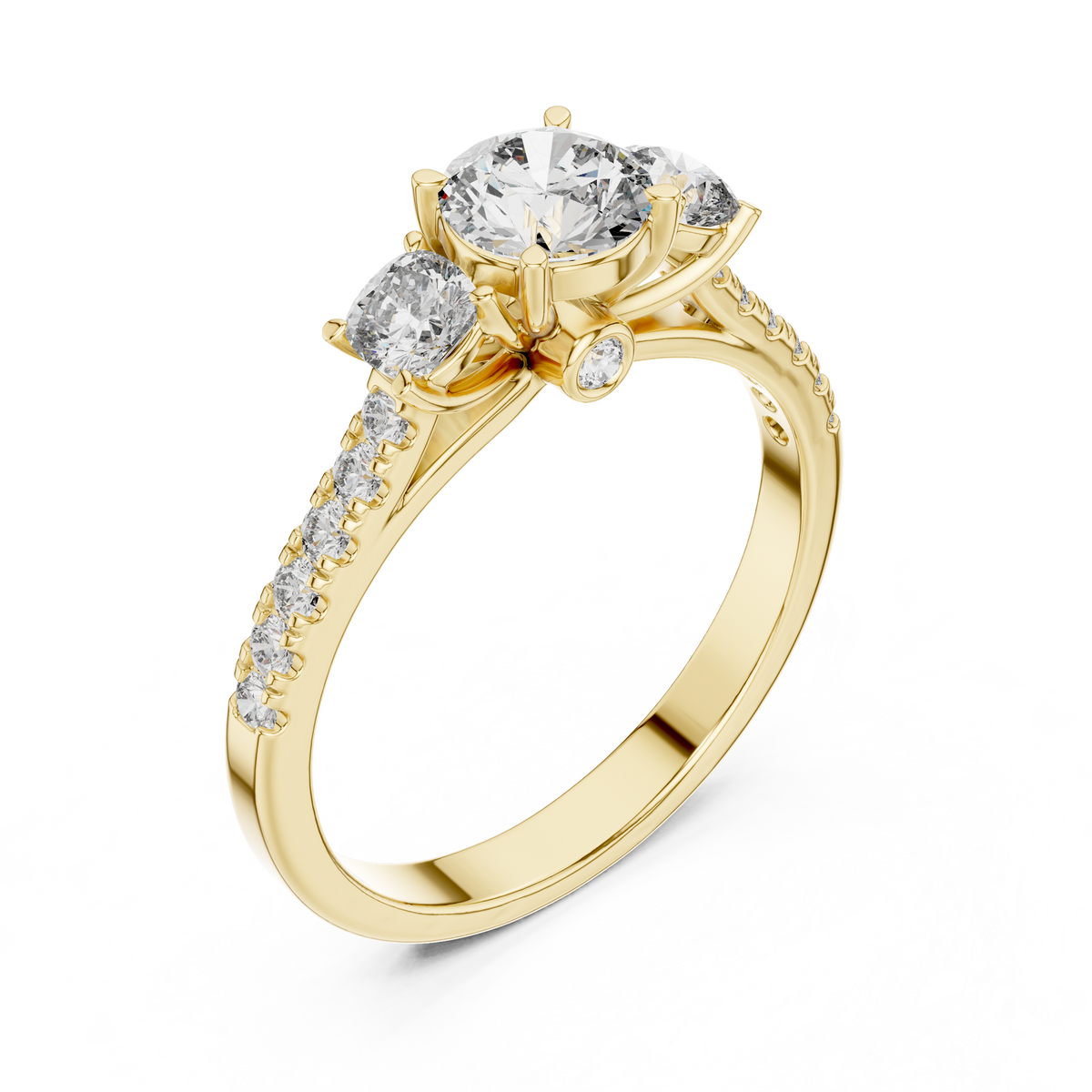 Three-Stone Round Cut Lab Grown Diamond Engagement Ring with Pavé Band