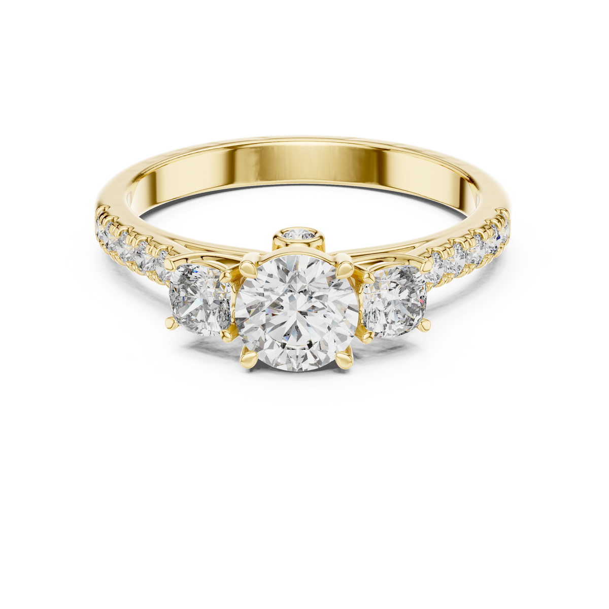 Three-Stone Round Cut Lab Grown Diamond Engagement Ring with Pavé Band