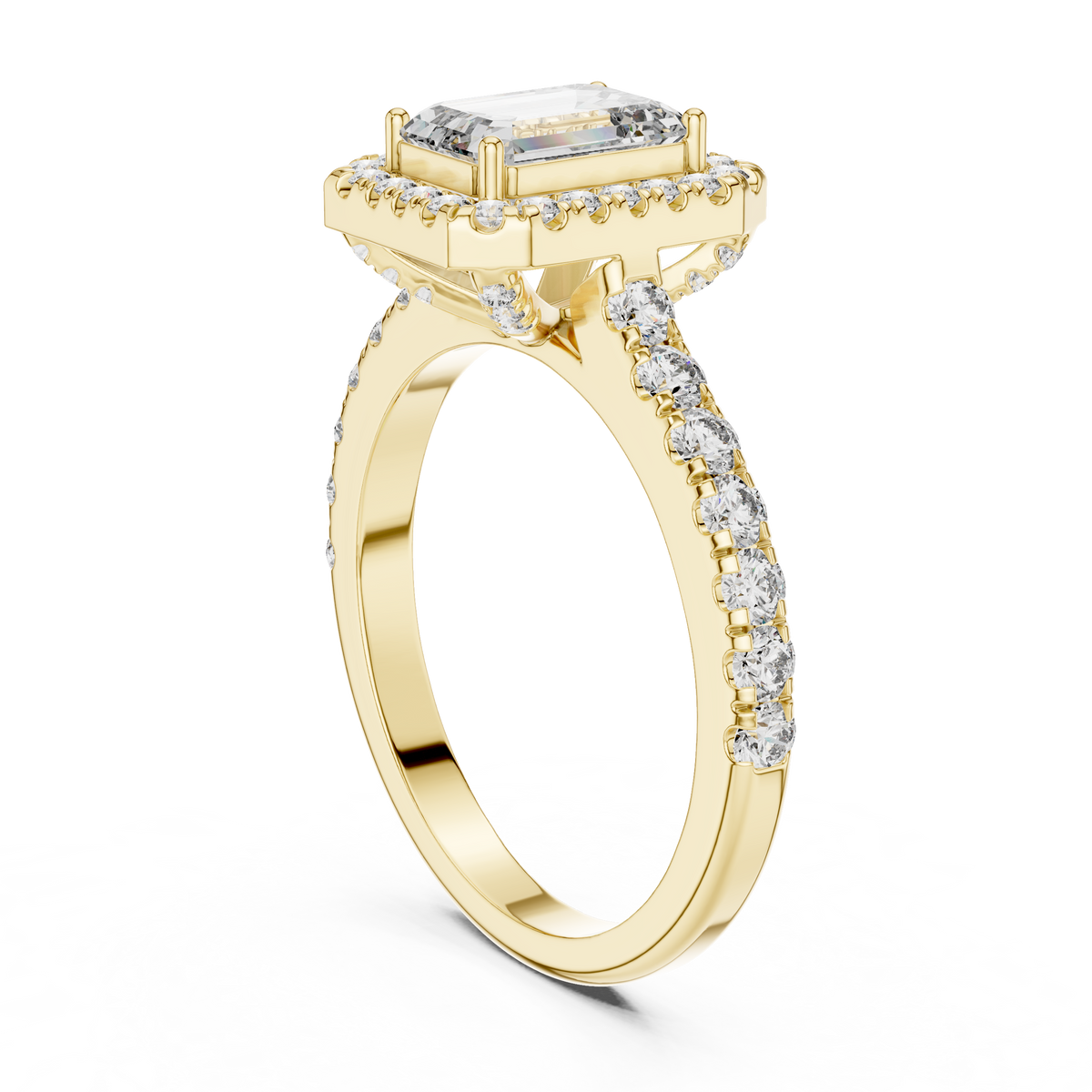 1ct Emerald Cut Lab Grown Diamond Halo Engagement Ring with Pavé Band