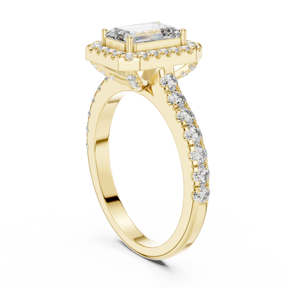 1ct Emerald Cut Lab Grown Diamond Halo Engagement Ring with Pavé Band