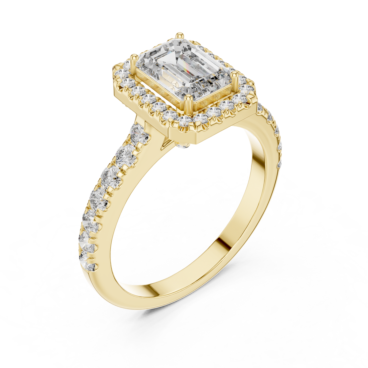 1ct Emerald Cut Lab Grown Diamond Halo Engagement Ring with Pavé Band