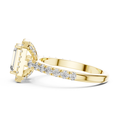 1ct Emerald Cut Lab Grown Diamond Halo Engagement Ring with Pavé Band