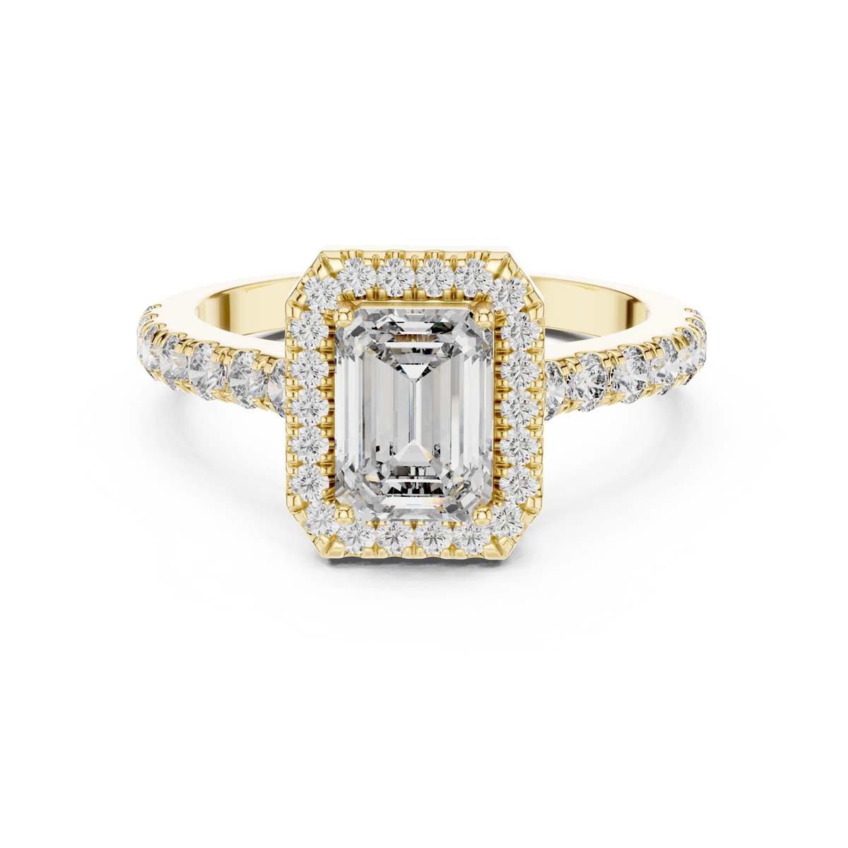1ct Emerald Cut Lab Grown Diamond Halo Engagement Ring with Pavé Band