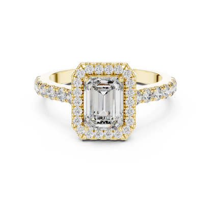 1ct Emerald Cut Lab Grown Diamond Halo Engagement Ring with Pavé Band